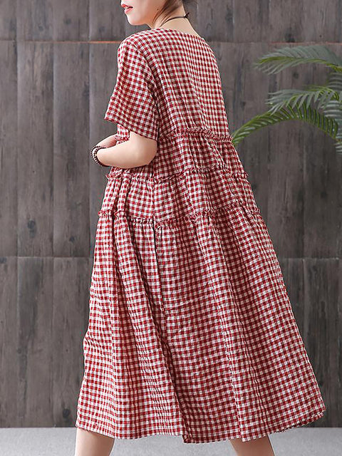 Plus Size 100%Cotton Short Sleeve Plaid Dress