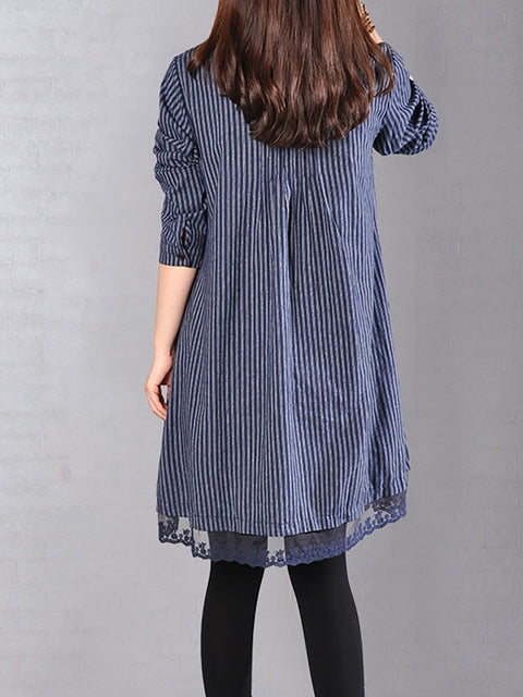 Plus Size Loose Cotton Linen Printing Lace Hem Dress