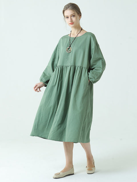 Plus Size Linen Cotton Pleated Spring Long Sleeve Dress