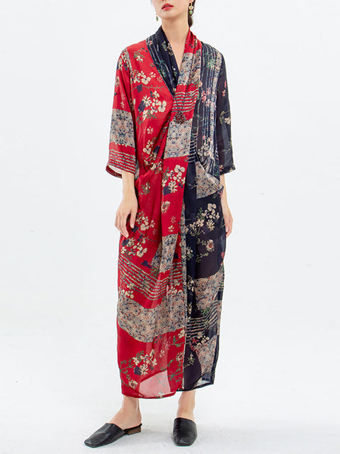 Plus Size Spliced Floral Print Vintage Tencel Women Dress