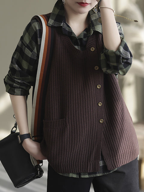 Plus Size Women Knitted Button Vest Waistcoat Sweater