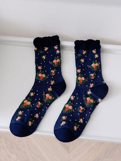 5 Pairs Women Vintage Floral Thin Socks